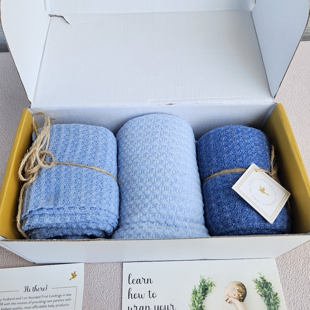 First Landings Newborn Photography Wraps Swaddle Receiving Soft Knit Blue 3 Pack - Picture 5 of 6